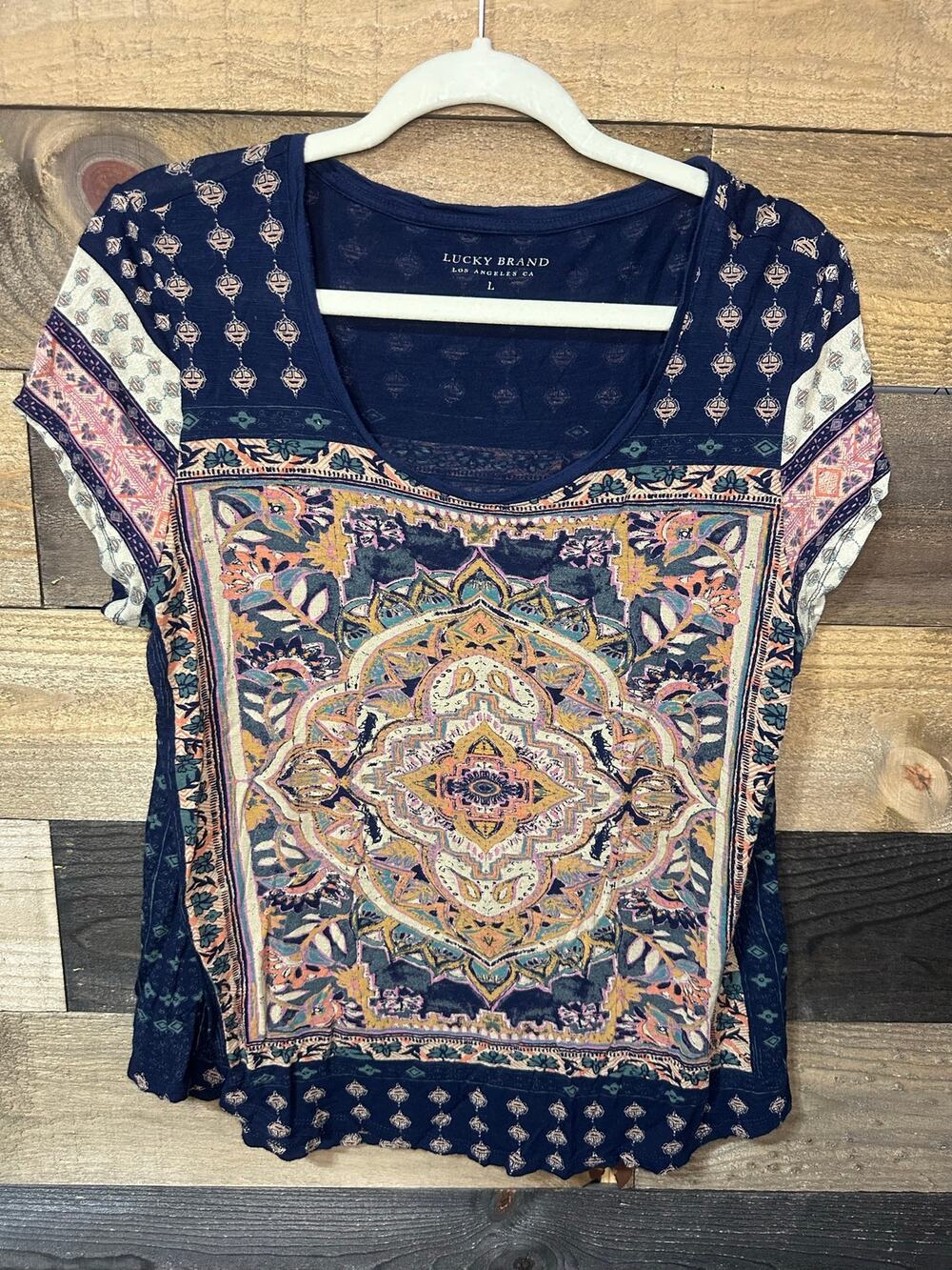 LUCKY BRAND Mandala Bandana Print Soft Scoopneck T-Shirt Size L EUC